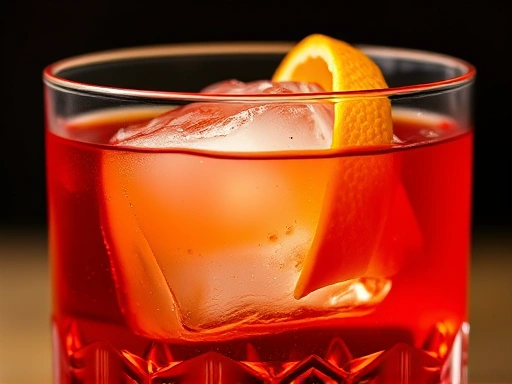 Close-up of a meticulously crafted Negroni cocktail in a rock glass with a large ice cube and an orange peel, showcasing its vibrant red color and complex texture.