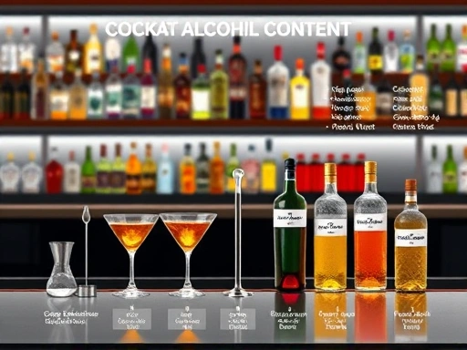 A detailed, step-by-step illustration of cocktail alcohol content calculation with measuring tools and various spirit bottles on a sleek bar counter.