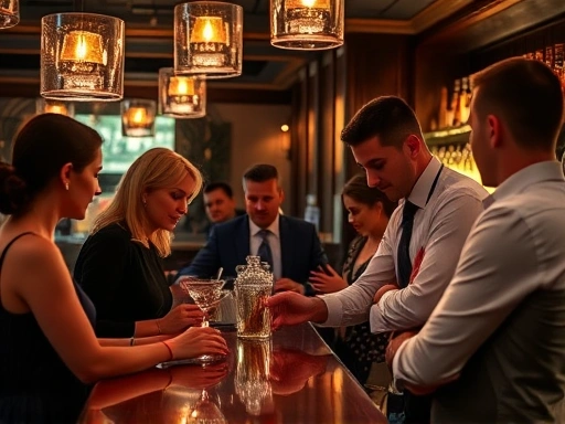 A sophisticated cocktail bar scene with people subtly interacting with a bartender, emphasizing respectful atmosphere and good service.