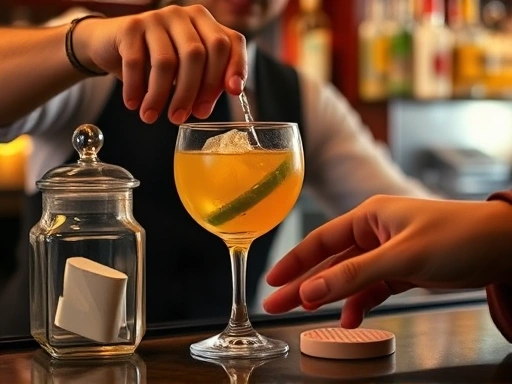Close-up of a bartender expertly preparing a cocktail, with a tip jar subtly visible and a customer's hand reaching for their glass.