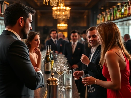 A sophisticated cocktail bar scene with a well-dressed bartender professionally interacting with diverse customers, highlighting polite conversation and respect.