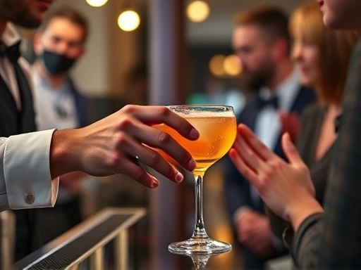 A close-up of a bartender's hands skillfully preparing a cocktail, with a customer politely engaging in conversation in the blurred background, emphasizing respectful interaction.