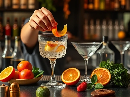 A creative home bar setup with various fresh fruits and herbs for cocktail decoration, featuring a person gently twisting an orange peel over a glass, soft natural light, and elegant glassware in a warm, inviting atmosphere.
