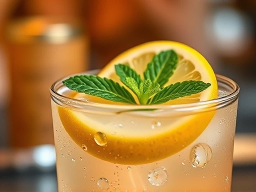 Close-up of a perfectly decorated cocktail with a vibrant lemon twist and a fresh mint sprig, showing condensation on the glass and blurred background elements of a home bar, emphasizing freshness and precision.