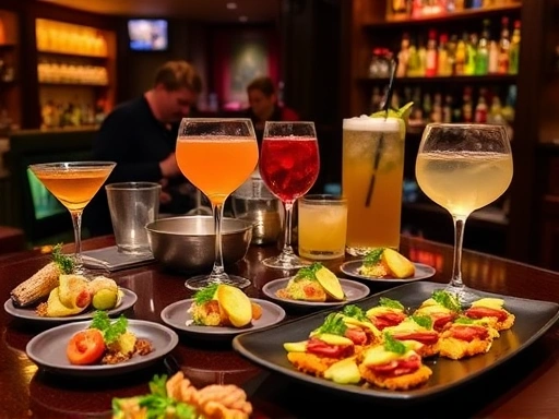 A vibrant cocktail bar scene with various cocktails being served, alongside elegantly presented appetizer plates, showcasing different food and drink pairings in a warm, inviting ambiance.