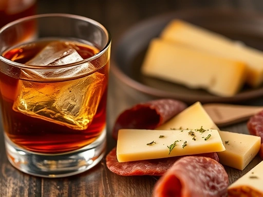 A close-up shot of a classic Old Fashioned cocktail next to a small plate of aged cheese and cured meats, highlighting the rich textures and colors, with a focus on the glass and food.