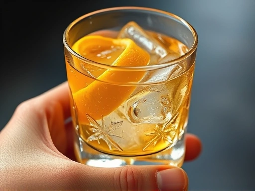 Close-up view of a hand holding a sparkling clean old fashioned glass filled with ice and a citrus peel, illustrating texture and clarity.