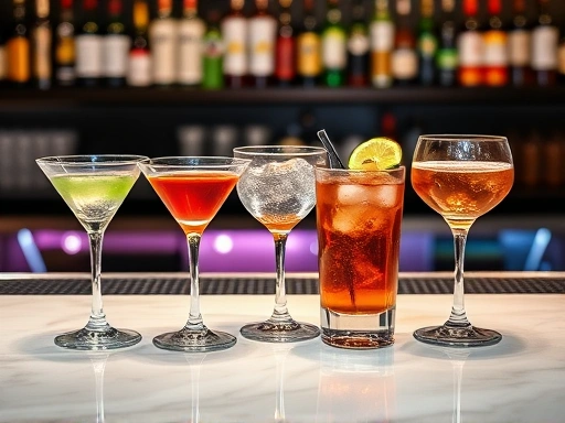 A beautifully arranged set of diverse cocktail glasses on a sleek bar counter, showcasing martini, coupe, rocks, highball, and collins glasses.