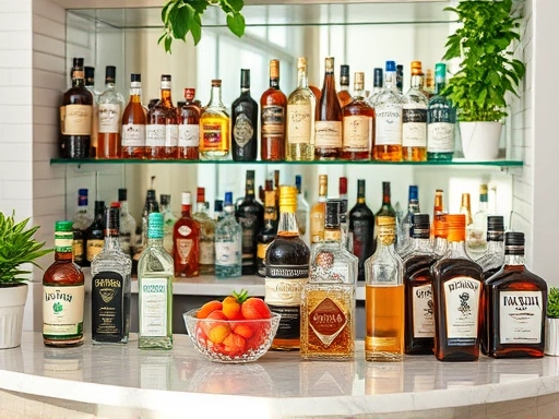 A clean, organized home bar with various spirits, fresh fruits, and syrups neatly stored, reflecting an evergreen and professional aesthetic. Bright and inviting atmosphere.