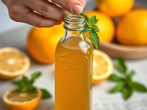A close-up shot of hands carefully sealing a bottle of homemade simple syrup, with fresh citrus fruits and a sprig of mint in the background, emphasizing care and freshness.