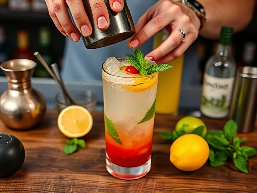 A close-up shot of hands mixing a vibrant cocktail in a shaker, surrounded by fresh garnishes like lemon and mint, and essential bar tools on a wooden table.