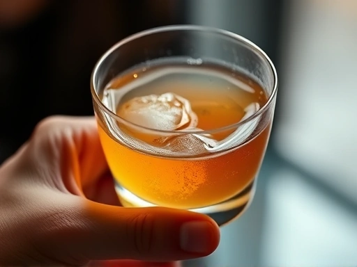 A close-up shot of a hand holding a cocktail glass, with a focus on the liquid's surface and subtle condensation, illustrating the texture and subtle details of the drink. The image highlights the nuanced visual elements of a cocktail.