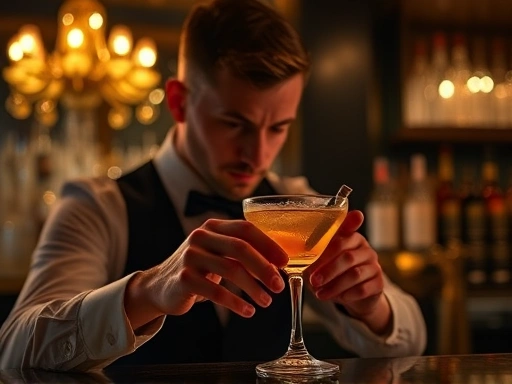 A professional bartender meticulously analyzing a cocktail in a dimly lit, sophisticated bar, focusing on its visual appeal and initial aroma. The scene emphasizes an expert's detailed observation in a high-end setting.