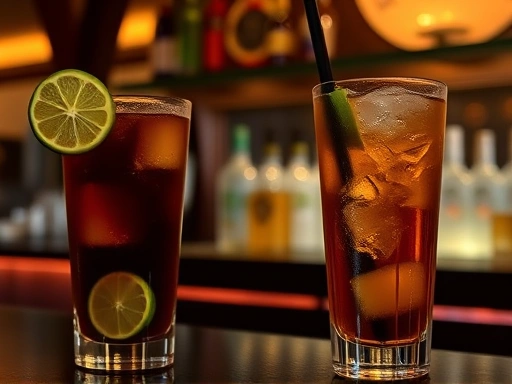 A side-by-side shot of a refreshing Cuba Libre with lime slices and a deceptive Long Island Iced Tea, highlighting their cola-like appearance in a dimly lit bar setting.