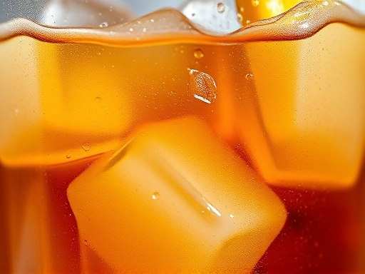Close-up of ice cubes and condensation on a glass, showing the distinct liquid colors of Cuba Libre (darker brown) and Long Island Iced Tea (lighter amber), with a subtle hint of citrus garnish.
