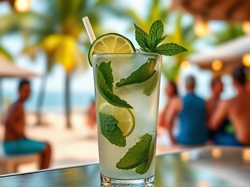 A vibrant close-up of a perfectly prepared Mojito cocktail in a highball glass, garnished with fresh mint leaves and a lime wedge, set against a blurred backdrop of a lively Caribbean beach bar with people laughing and palm trees.