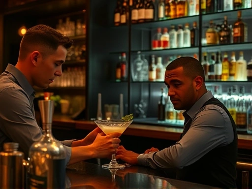 A skilled bartender attentively listening to a customer at a cozy, dimly lit cocktail bar, taking notes to customize a unique drink, with various liquor bottles and bar tools on the shelves in the background.