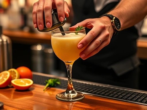 Close-up of a bartender's hands skillfully mixing a custom cocktail in a gleaming shaker, with fresh ingredients like citrus slices, herbs, and a bar spoon visible on the polished wooden counter, emphasizing the artistry.