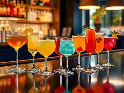 A diverse group of 10 vibrantly colored cocktails arranged on a sleek bar counter, with different glasses and garnishes. The lighting is inviting and modern, highlighting the drinks' appeal.