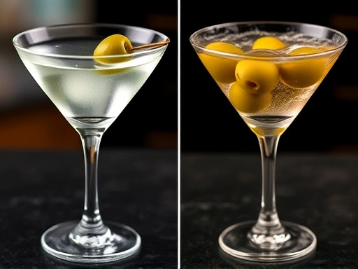 A side-by-side comparison of a crystal-clear Dry Martini with a single olive and a slightly cloudy Dirty Martini with multiple olives, showcasing their distinct appearances.