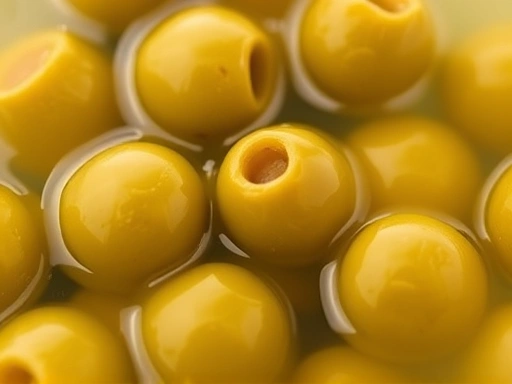 Close-up of green olives submerged in clear olive brine, illustrating the key ingredient for a Dirty Martini's distinct flavor and texture.