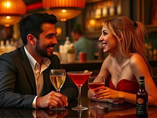 A man and woman laughing over elegant cocktails on a first date in a dimly lit, cozy bar, with a focus on their positive interaction and stylish drinks.