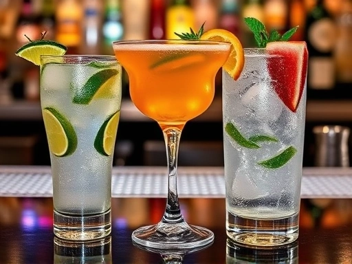 Close-up of three beautifully arranged cocktails, Mojito, Cosmopolitan, and Gin & Tonic, with vibrant colors and fresh garnishes on a polished bar counter, showcasing their visual appeal.
