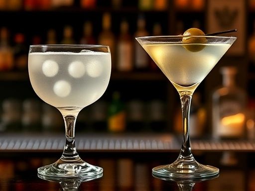 A sophisticated bar scene featuring a classic Gibson cocktail with pearl onions and a traditional Martini with an olive side by side, highlighting their visual differences.