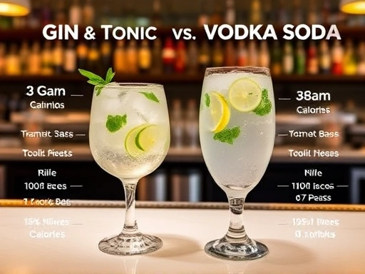 A side-by-side comparison of a Gin & Tonic and a Vodka Soda, highlighting their key ingredients and calorie differences in a clean, modern bar setting.