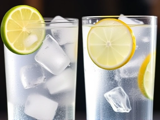Close-up of a refreshing Gin & Tonic with lime and a crystal-clear Vodka Soda with lemon, emphasizing the liquid and garnish for calorie comparison.