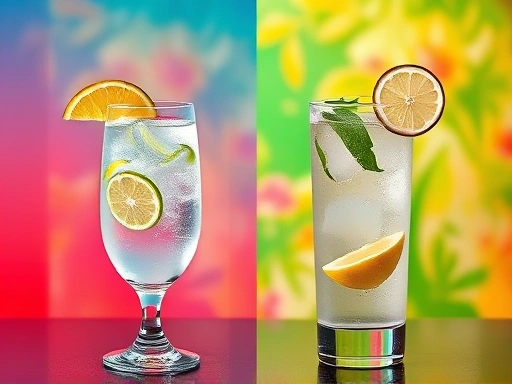 A visually appealing split image comparing Gin & Tonic on one side and Vodka & Tonic on the other, showcasing their distinct characteristics and garnishes against a vibrant backdrop, emphasizing cocktail aesthetics.