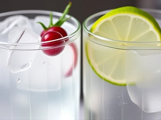 Close-up on the distinct garnishes and subtle color variations of a Gin & Tonic with juniper berries and a Vodka & Tonic with a lime wedge, highlighting the clarity of both tonic cocktails.
