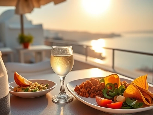 A serene outdoor cafe scene in Santorini, Greece, with a glass of clear ouzo next to traditional Greek meze dishes, under the golden afternoon sun, capturing the essence of Mediterranean relaxation.