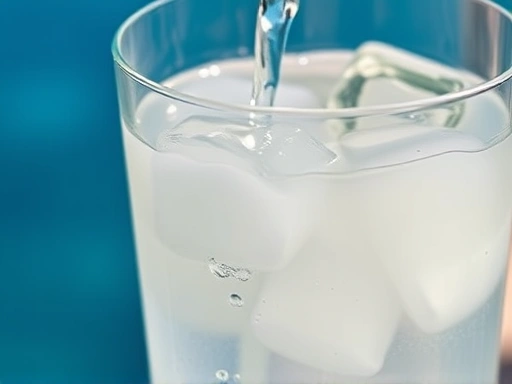 Close-up shot of an ouzo glass as cold water is poured in, showing the dramatic louching effect where the clear liquid turns cloudy white, with ice cubes and a hint of a blue Mediterranean background.