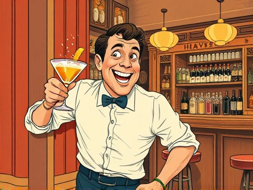 A vintage-style illustration of a man, Harvey Wallbanger, comically bumping into a wall after enjoying a cocktail, with an old-fashioned bar scene in the background.