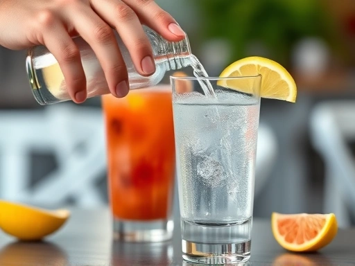 Close-up of a hand pouring water into a glass next to a cocktail, emphasizing hydration during drinking, with a blurred background of a healthy lifestyle.