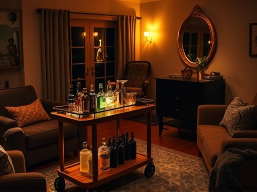A cozy and sophisticated home cocktail bar setup at night, with warm dim lighting, soft jazz music, and various cocktail ingredients on a stylish wooden bar cart. The scene includes comfortable seating, a soft rug, and personal decor, emphasizing warmth and inviting atmosphere.