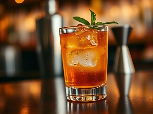 Close-up of a perfectly crafted cocktail in a elegant glass with ice and a fresh garnish, on a polished dark wood surface, surrounded by soft bokeh lights and a blurred bar shaker and jigger in the background, highlighting the cocktail's visual appeal and the bar tools.