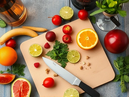 A high-angle shot of a home bar setup with various fresh fruits and herbs, a cutting board, and a paring knife, ready for making cocktail garnishes.