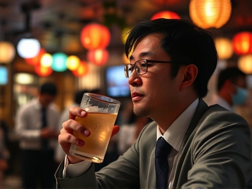 A Japanese office worker enjoying a highball after work in a bustling izakaya, with blurred lights and a relaxing atmosphere.