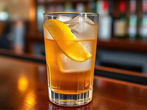 Close-up shot of a perfectly crafted highball glass with ice, whisky, and soda, garnished with a lemon slice on a wooden bar counter.