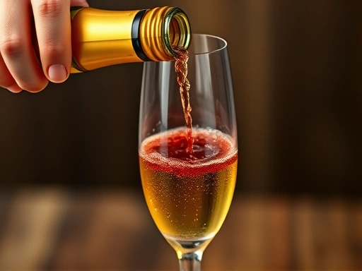 Close-up of a hand gently pouring a golden sparkling wine from a bottle into a flute glass already containing a small amount of dark red Crème de Cassis, showing the mixing process and effervescence.