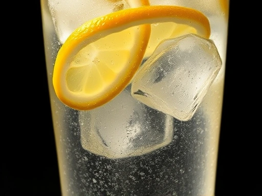 Close-up of a refreshing So-tonic cocktail in a glass with ice and lemon slices, capturing the condensation and the clarity of the drink on a dark background.