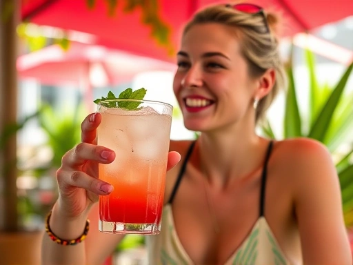 A person enjoying a refreshing, low-calorie cocktail in a vibrant, outdoor setting, surrounded by lush greenery, embodying a healthy and relaxed lifestyle.