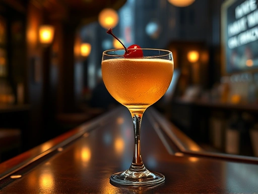 A vintage Manhattan cocktail glass, with a red cherry, standing on a bar counter in a dimly lit, classic New York City bar, with a blurred cityscape background.
