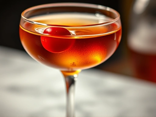 Close-up of a perfectly stirred Manhattan cocktail in a chilled coupe glass, showing the rich amber color and a maraschino cherry, with soft lighting and a focus on detail.