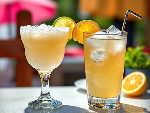 A vibrant image showing a clear contrast between a frosty frozen margarita and a sophisticated on-the-rocks margarita side by side, with a summer party background. Margarita comparison.