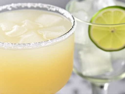Close-up view of two margarita glasses: one with a smooth, icy frozen margarita and salt rim, the other with clear ice and a lime wheel for on-the-rocks style. Margarita drink details.