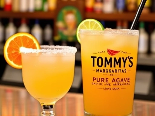 A visually appealing comparison of two margaritas, one classic with an orange slice and salt rim, the other Tommy's with pure agave and lime, showcasing distinct ingredients and vibrant colors on a bar counter.