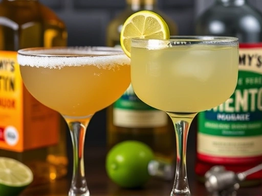 Close-up shot of a classic margarita with a salt-rimmed glass and orange liqueur bottle next to a Tommy's margarita with fresh lime and an agave nectar bottle, highlighting the ingredient differences.